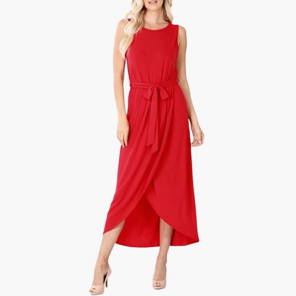 Zenana Red Tulip High Low Belted Sleeveless Midi Dress Multiple Sizes